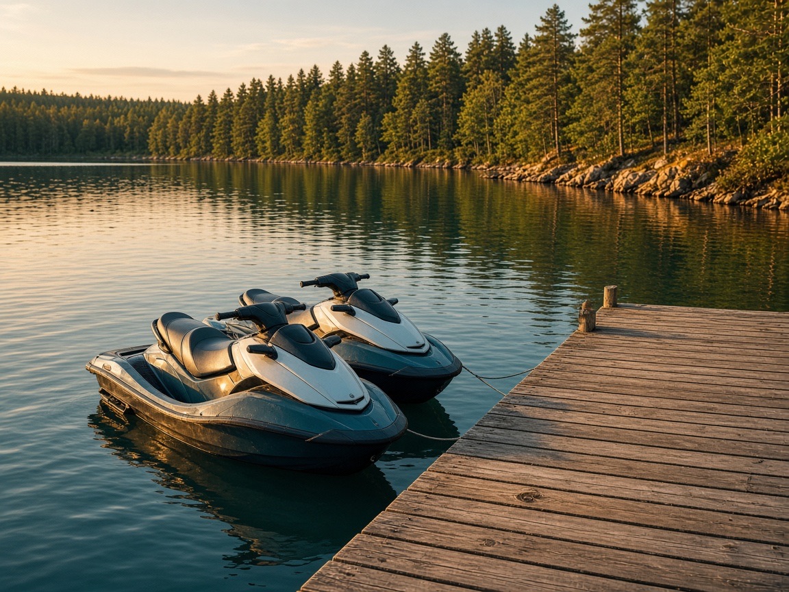 Two personal watercraft tied to a wooden dock on a late-summer lake